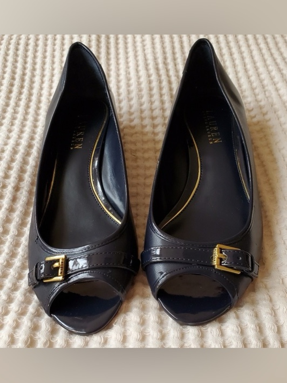 LAUREN RALPH LAUREN MADISON MIDNIGHT BLUE WOMENS WEDGE BUCKLE SLIP ON